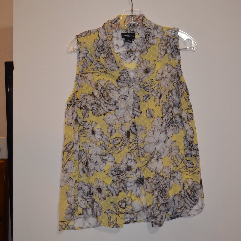 Liz Claiborne Career Transparent Fabric Yellow-Black Floral Sleeveless Bow Top S
